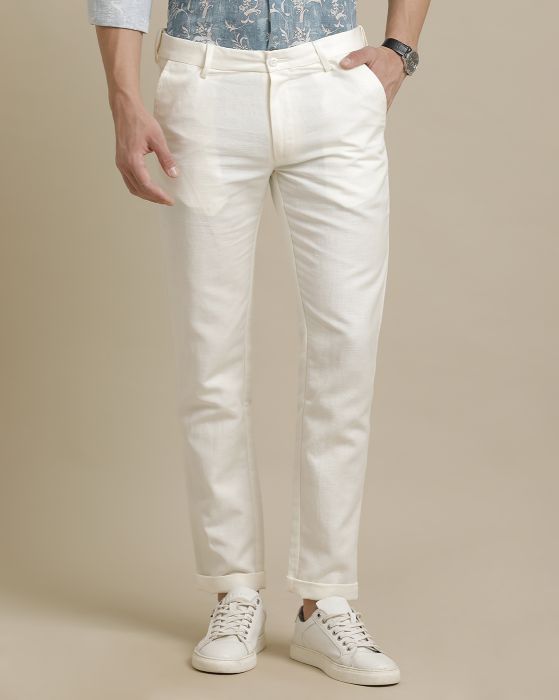 Linen Club Off White Solid  Adjustable Waist Trouser for men