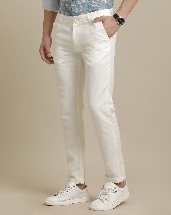 Linen Club Off White Solid  Adjustable Waist Trouser for men