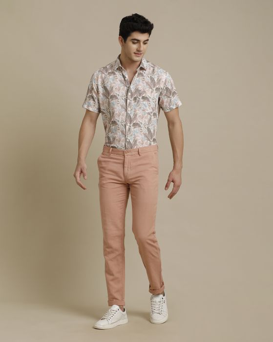 Linen Club Peach Solid  Adjustable Waist Trouser for men