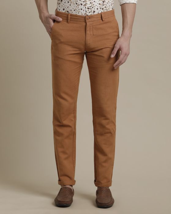 Linen Club Rust Solid  Adjustable Waist Trouser for men