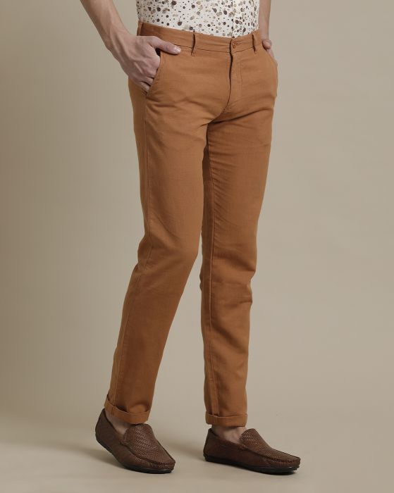 Linen Club Rust Solid  Adjustable Waist Trouser for men