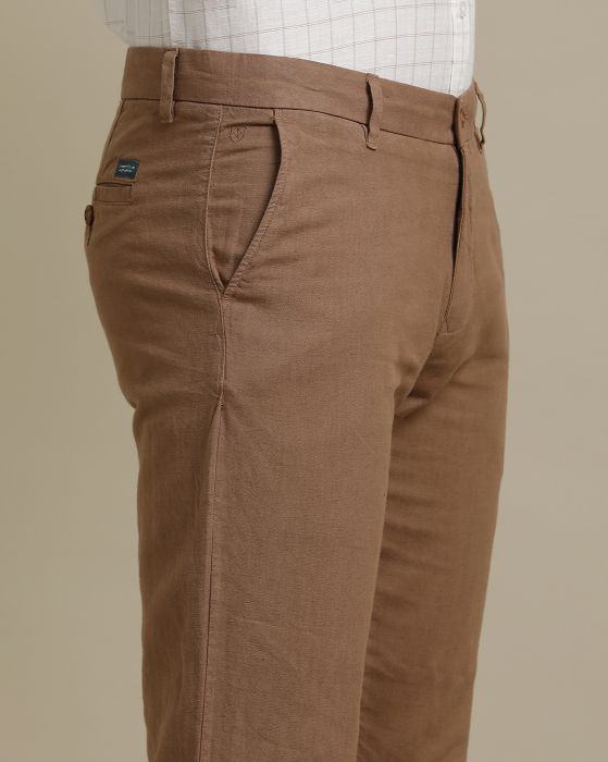 Linen Club Brown Solid  Adjustable Waist Trouser for men