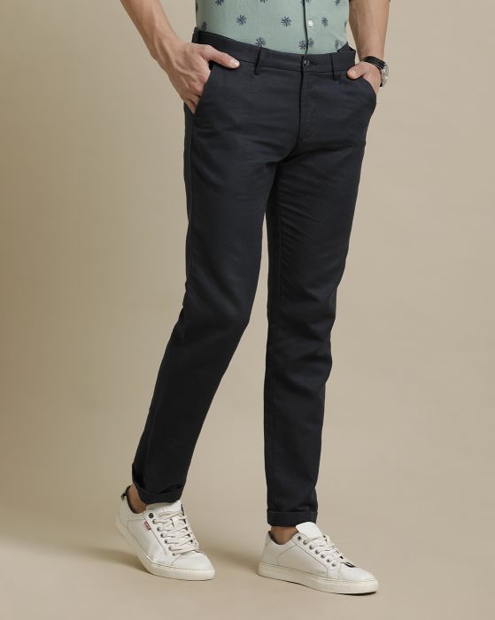 Linen Club Navy Blue Solid  Adjustable Waist Trouser for men