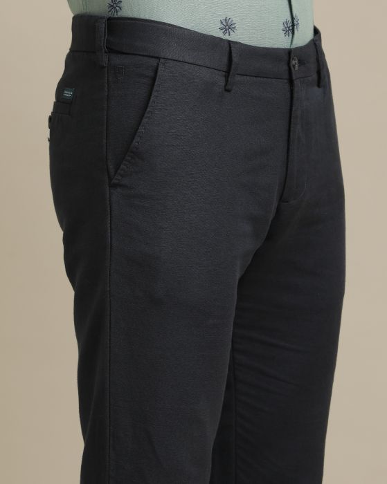 Linen Club Navy Blue Solid  Adjustable Waist Trouser for men