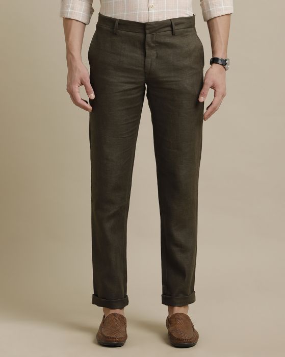 Linen Club Brown Solid  Casual Trouser for men