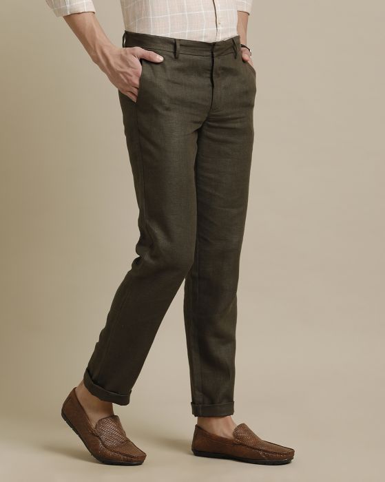 Linen Club Brown Solid  Casual Trouser for men
