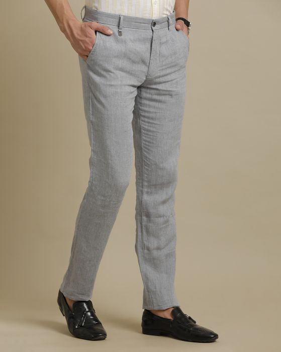 Linen Club Grey Solid  Casual Trouser for men