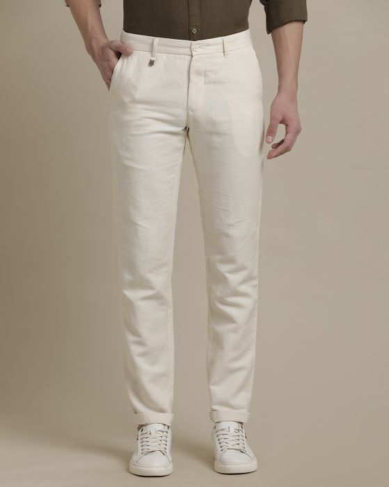 Linen Club Off White Solid  Casual Trouser for men