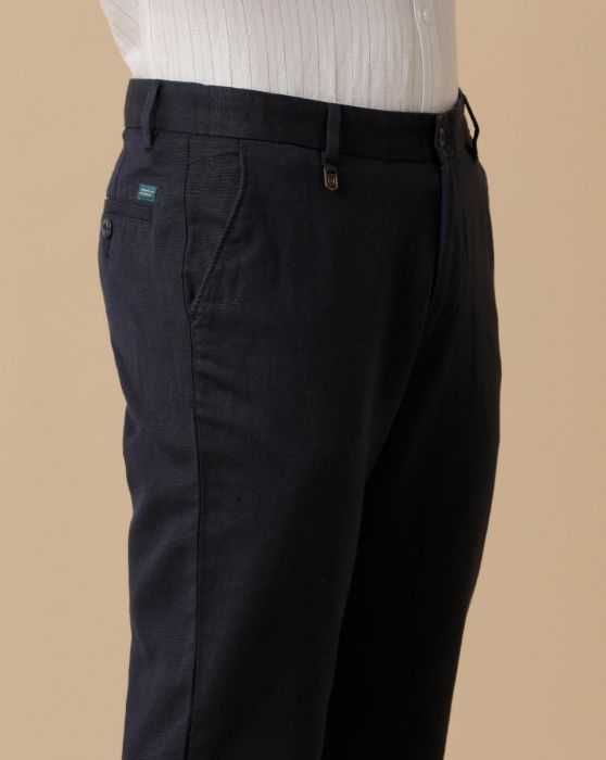 Linen Club Navy Solid Casual Trouser for men