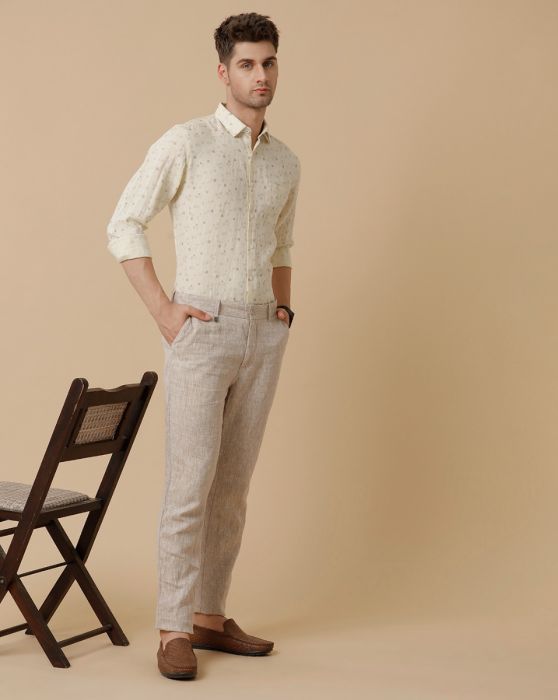 Linen Club Beige Solid Casual Trouser for men