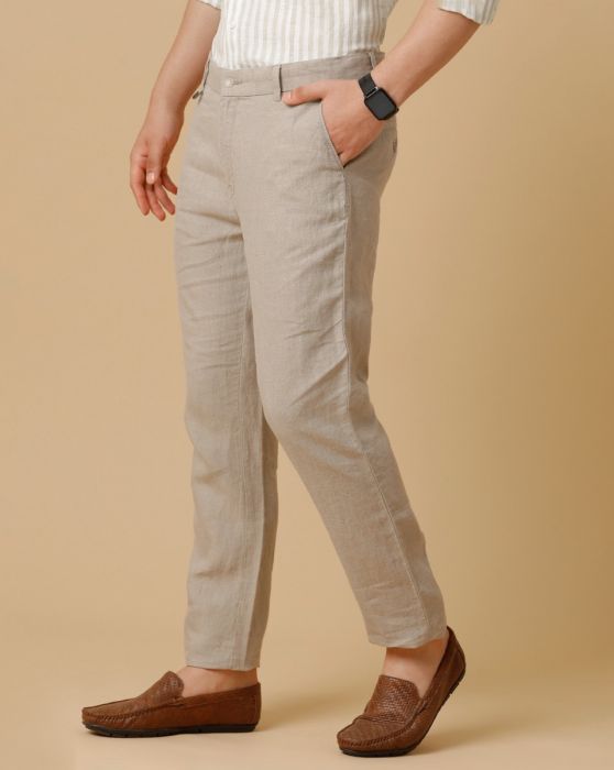 Linen Club Beige Solid Casual Trouser for men