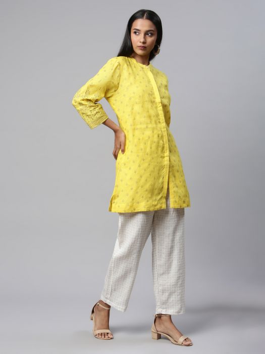 Pure Linen yellow gold print short kurta set for Woman 