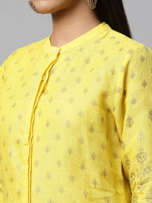 Pure Linen yellow gold print short kurta set for Woman 