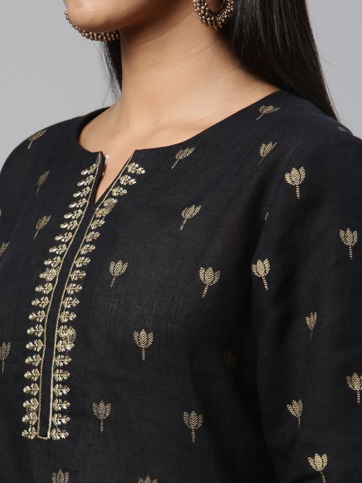 Pure Linen black gold embroidery Kurta Set for Woman 