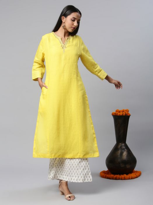 Pure Linen Yellow gold embroidery Kurta Set for Woman 