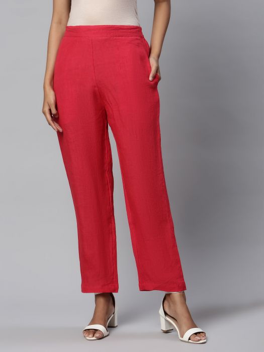 Pure Linen Red Standalone Pant for Woman 