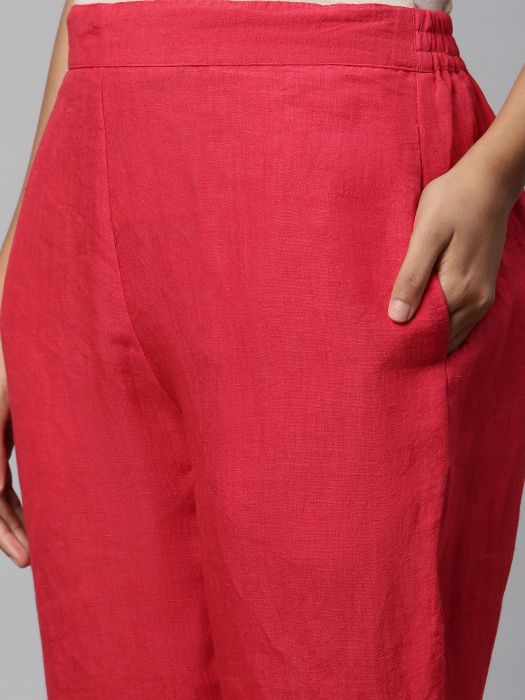 Pure Linen Red Standalone Pant for Woman 