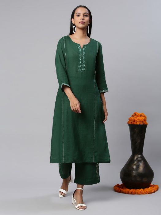 Pure Linen emerald embroidered Pant for Woman 