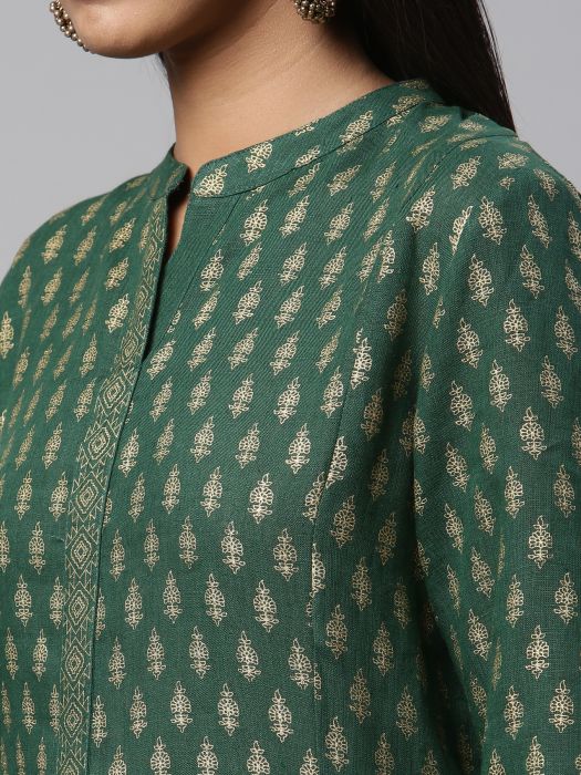Pure Linen emerald gold print flair kurta for Woman 