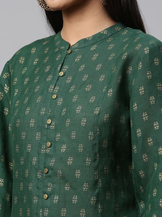 Pure Linen emerald gold print kurta for Woman 