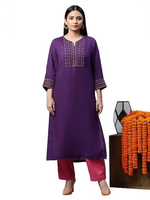 Pure Linen Purple front placket long kurta set for Woman 