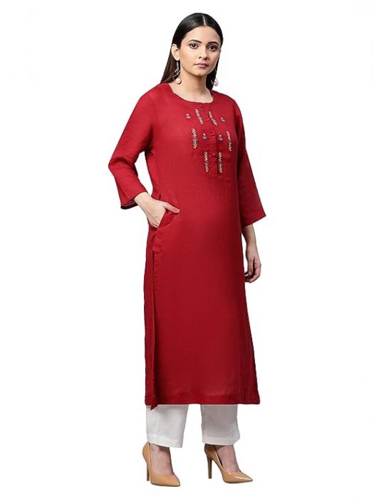Pure Linen Maroon front placket embroided long kurta for Woman 