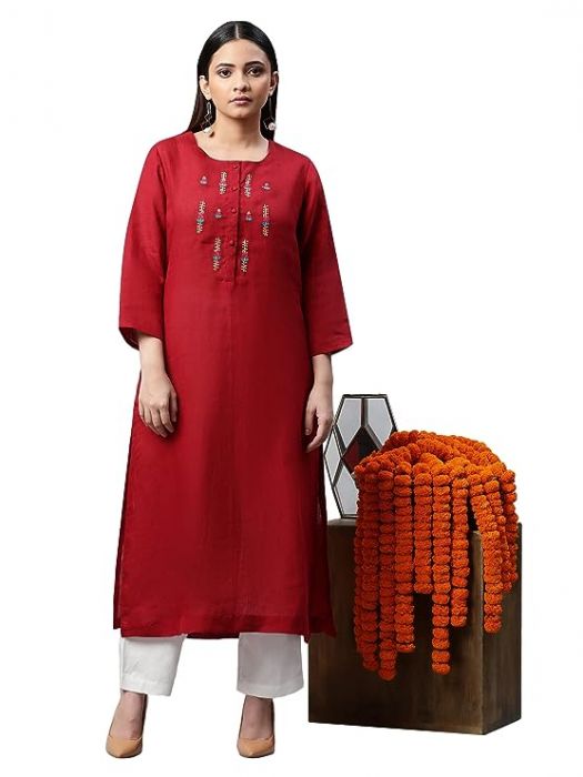 Pure Linen Maroon front placket embroided long kurta for Woman 
