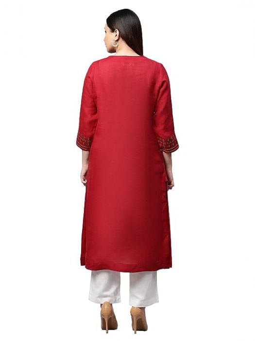 Pure Linen Maroon  long kurta with embroidery for Woman 