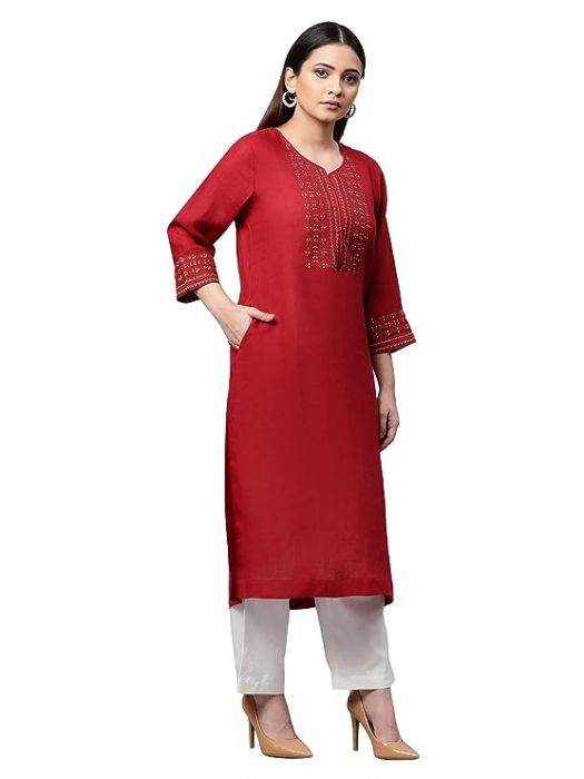 Pure Linen Maroon  long kurta with embroidery for Woman 