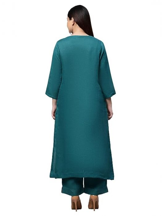 Pure Linen Teal front placket embroided long kurta for woman 