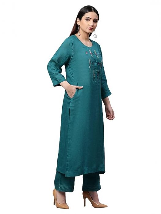 Pure Linen Teal front placket embroided long kurta for woman 