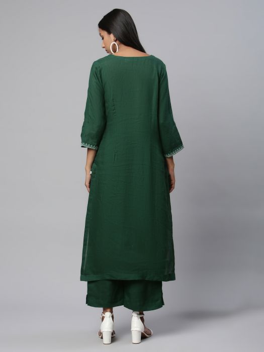 Pure Linen emerald gold embroidery kurta for Woman 