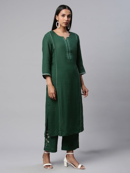 Pure Linen emerald gold embroidery kurta for Woman 