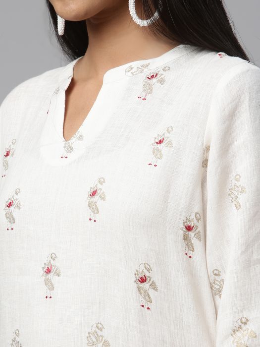 Pure Linen offwhite gold print red embroidery kurta for Woman 