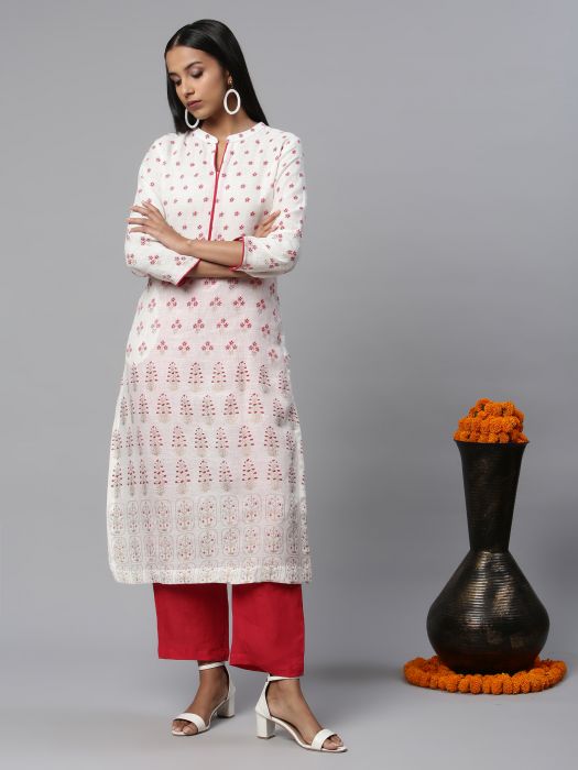Pure Linen Offwhite gold and red print kurta for Woman 