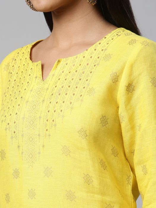 Pure Line yellow gold print kurta for Woman 