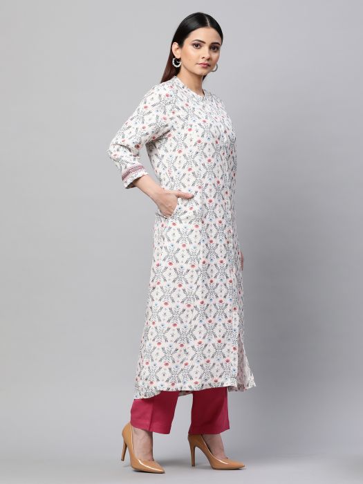 Linen White printed kurta for woman 