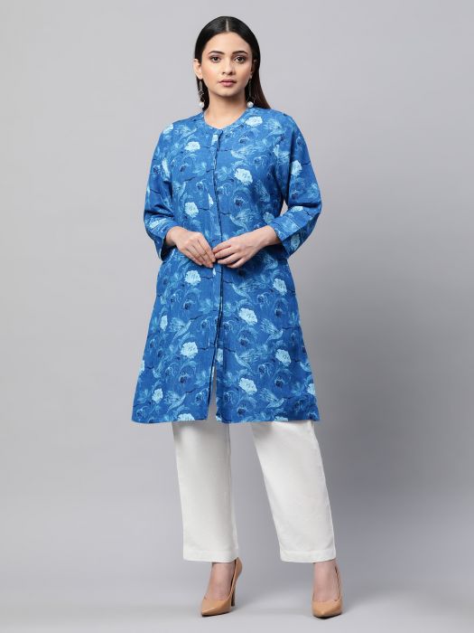 Linen Indigo printed kurta for Woman 