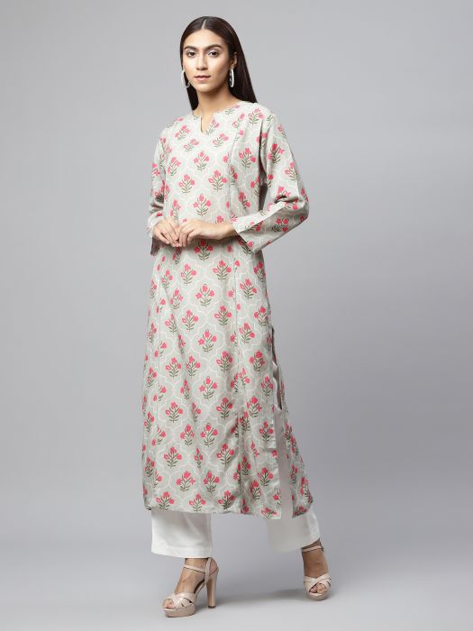 Pink ethnic floral motif Premium Linen  kurta