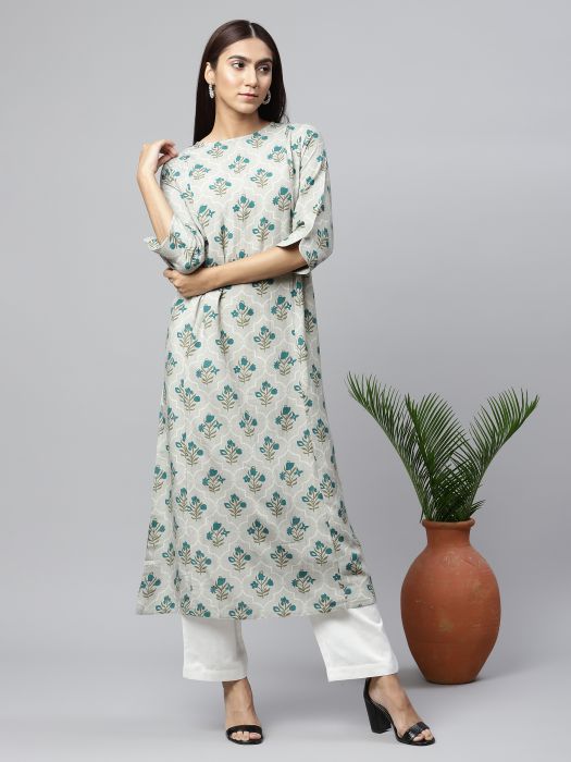 Turquoise ethnic floral motif premium Linen kurta