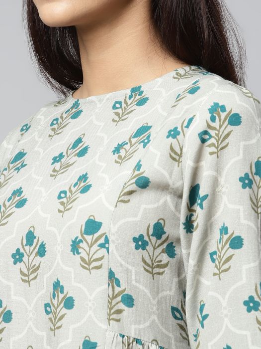Turquoise ethnic floral motif premium Linen kurta