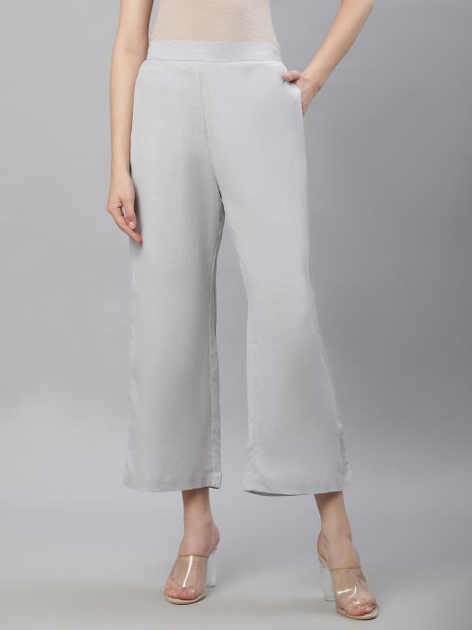Linen Club Woman Pure Linen Grey Solid Pant For Women