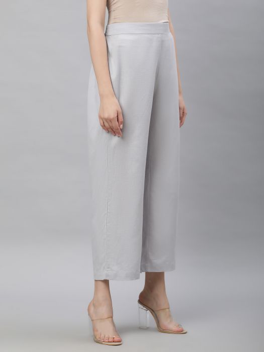 Linen Club Woman Pure Linen Grey Solid Pant For Women