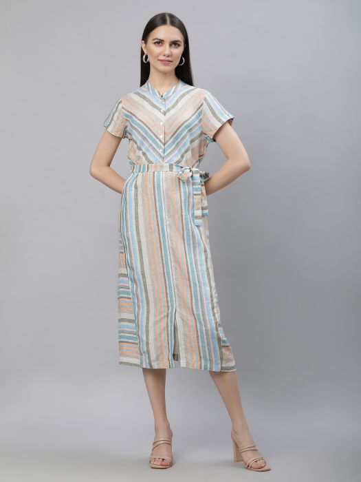Linen Club Woman Pure Linen Multicolor Striped Dress For Women
