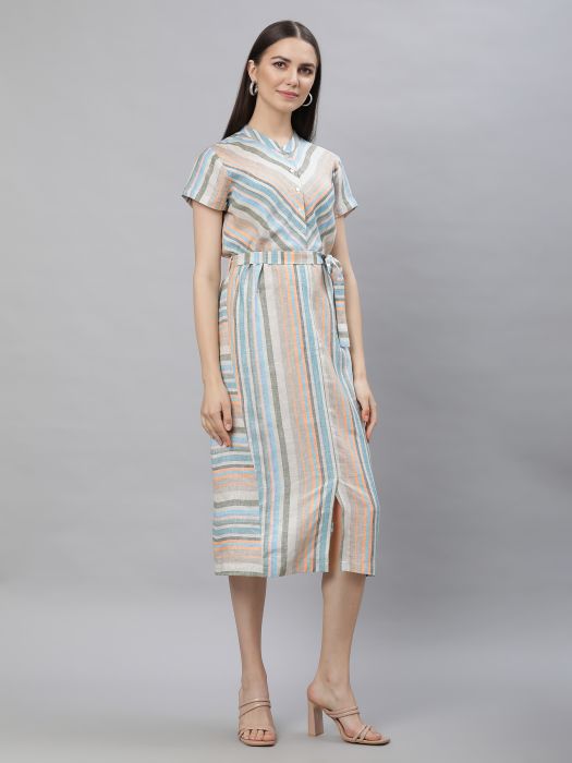 Linen Club Woman Pure Linen Multicolor Striped Dress For Women