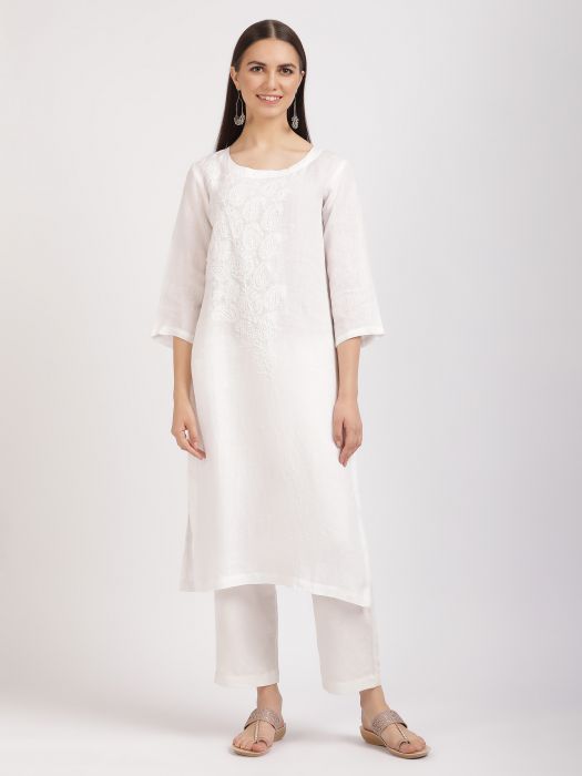 Linen Club Woman Pure Linen White  Embroidered  Long Kurta For Women