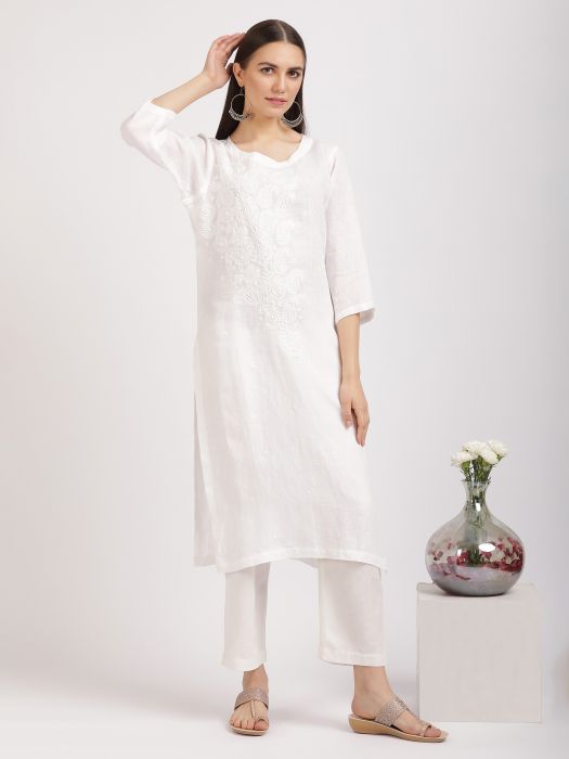 Linen Club Woman Pure Linen White  Embroidered  Long Kurta For Women