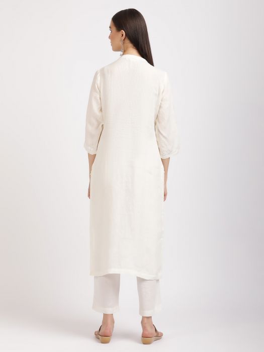 Linen Club Woman Pure Linen Off White  Embroidered  Long Kurta For Women