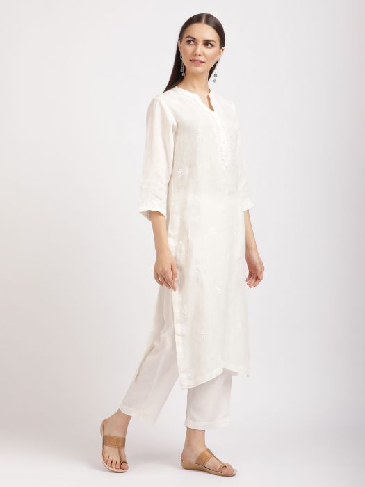 Linen Club Woman Pure Linen Off White  Embroidered  Long Kurta For Women