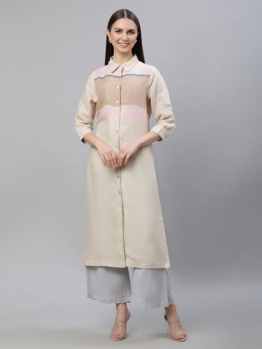 Linen Club Woman Pure Linen Beige Colourblocked Kurta For Women
